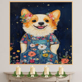 Dog Wall Art in Overalls and Floral Shirt Whimsical Corgi Nursery Decor Farmhouse Cottage Bedroom Wall Art Country Style Room Decor Gift for Dog Lovers on Ready to Hang 1.5" Thick Canvas Wrap, Floating Framed Canvas, Flat Rolled Canvas